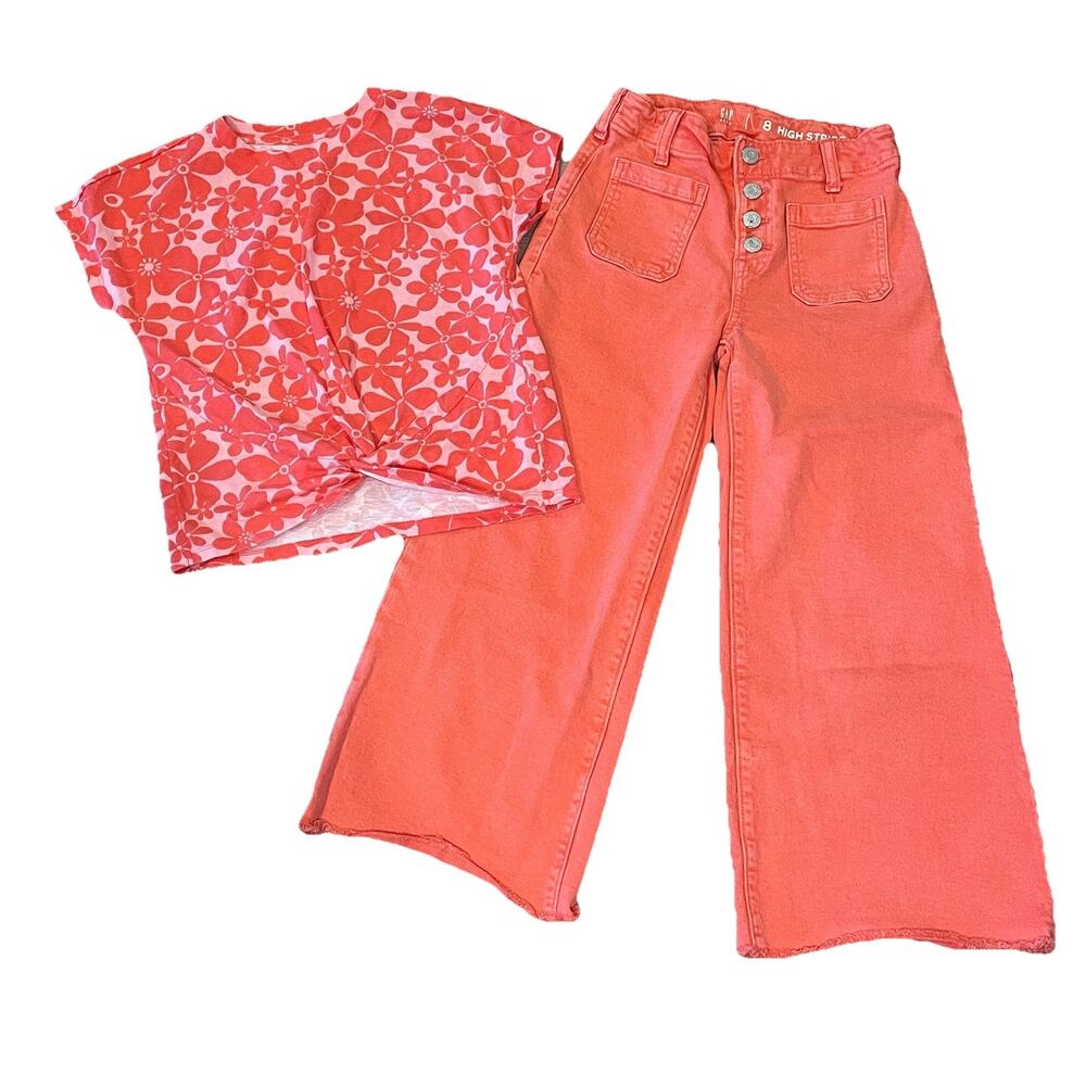 Girls Outfit Set Size 7-8 Back to School Floral Top Wide Leg Denim Pants
